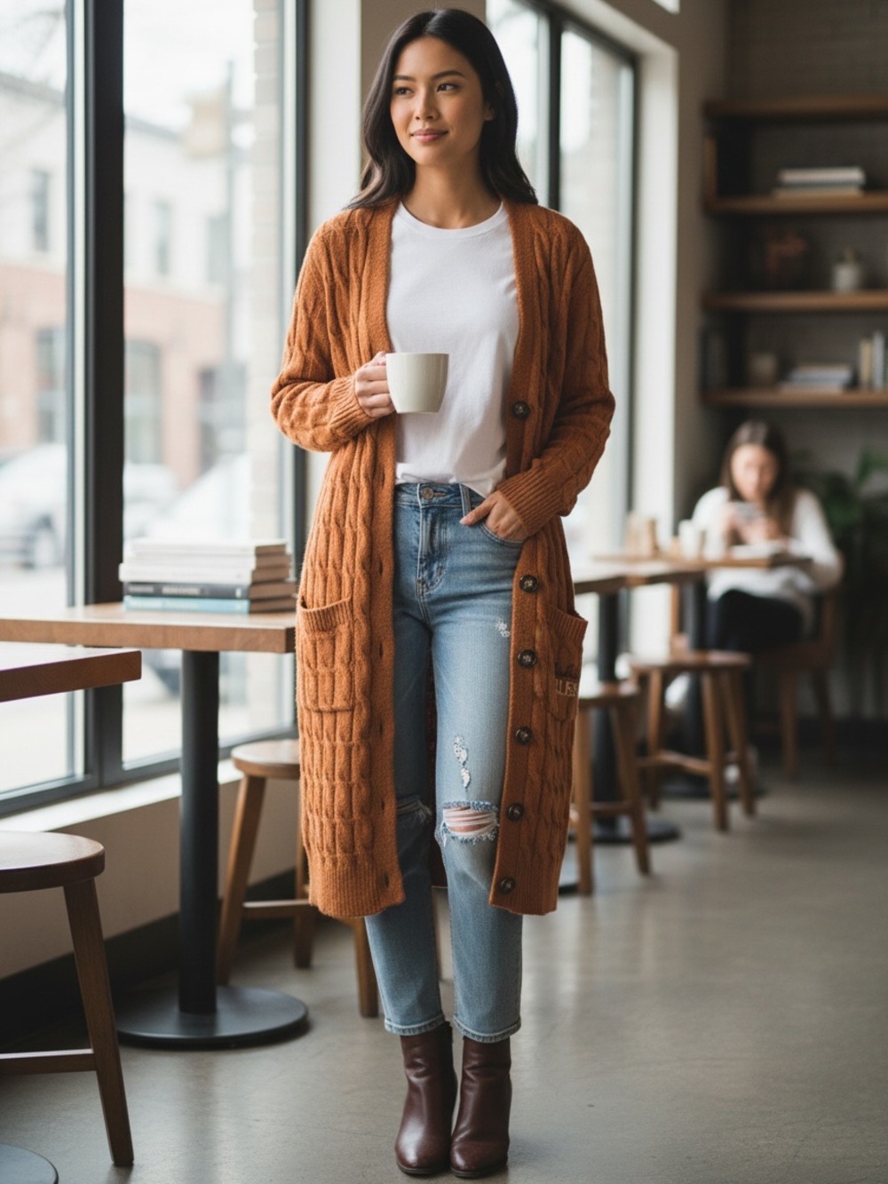 Chunky Cable-Knit Long Cardigan in Rust- Thankful Grateful Blessed